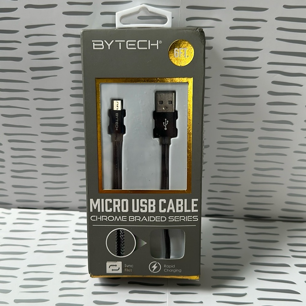 NIB Bytech 6ft Micro USB cable. Chrome braided series. Rapid charging.